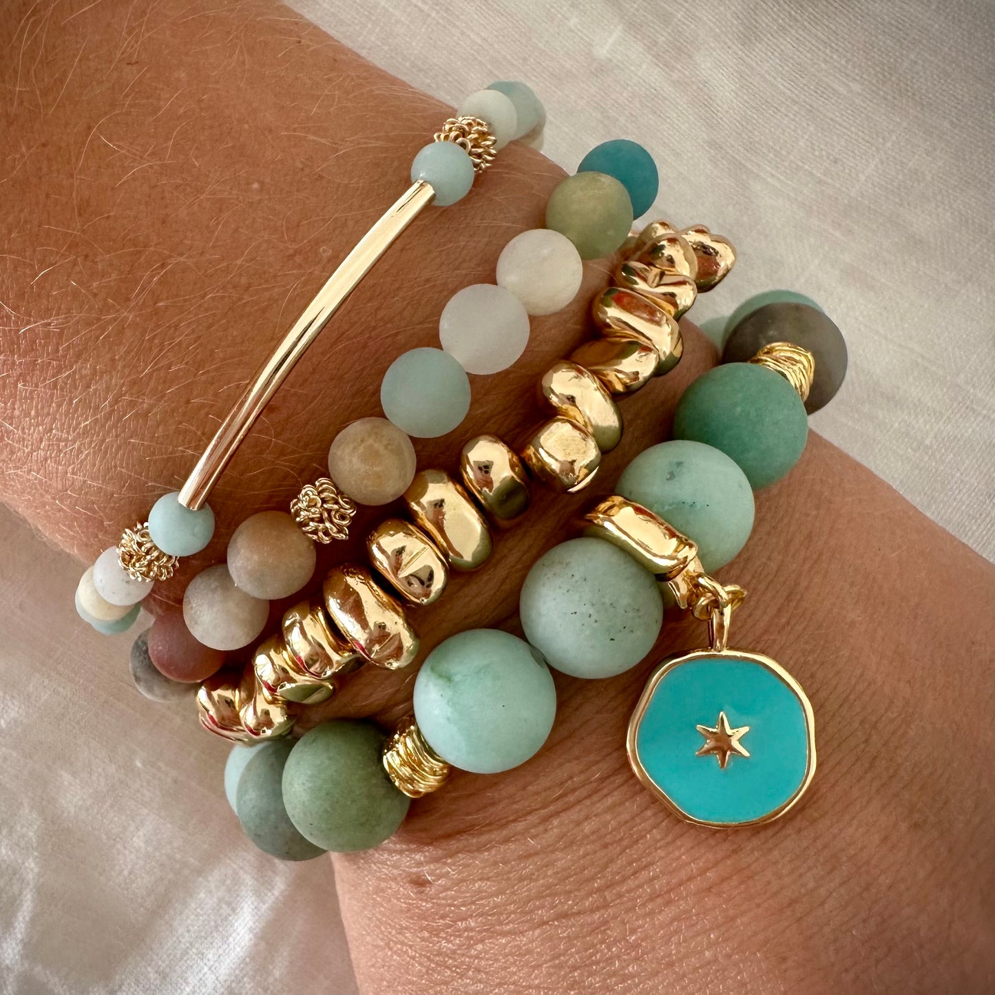 Amazonite elegant golden bracelet with a tube