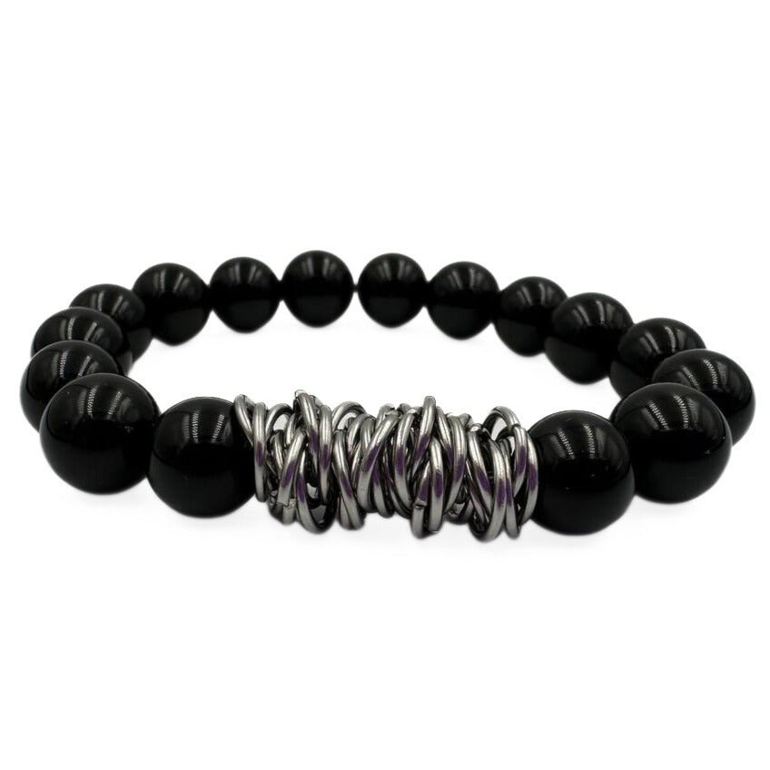 Metallic Noir | Black agate and stainless steel bracelets set