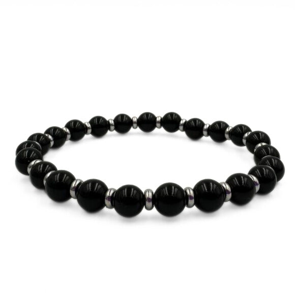 Metallic Noir | Black agate and stainless steel bracelets set