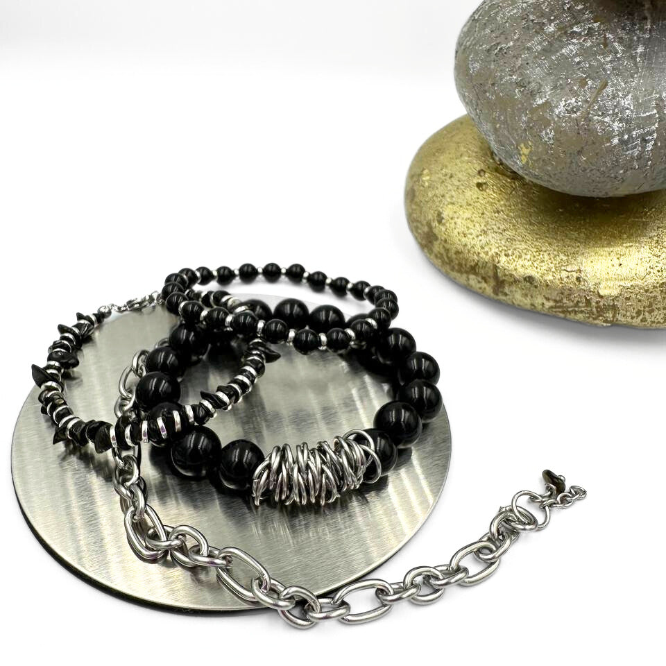 Metallic Noir | Black agate and stainless steel bracelets set