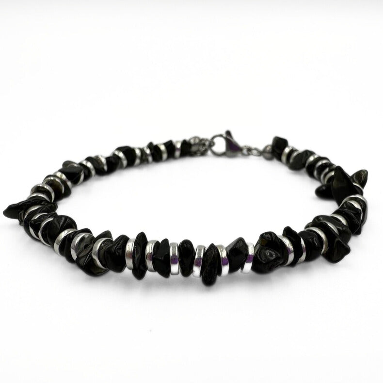 Metallic Noir | Black agate and stainless steel bracelets set