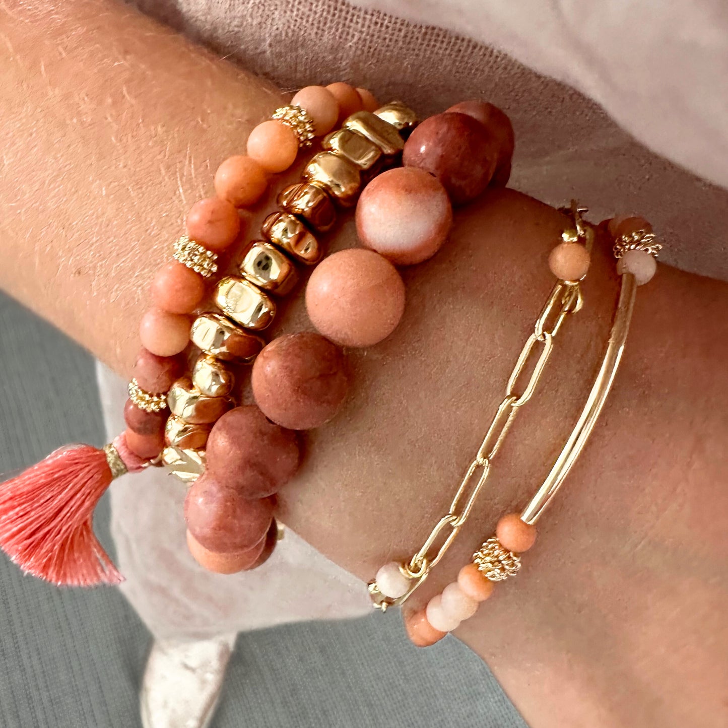 Pink aventurine bracelet with a tassel