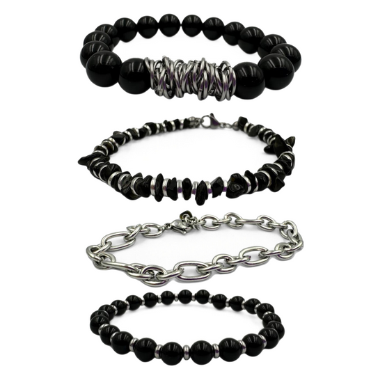 Metallic Noir | Black agate and stainless steel bracelets set